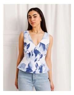 Linen Blend Tie Back Top in Blue