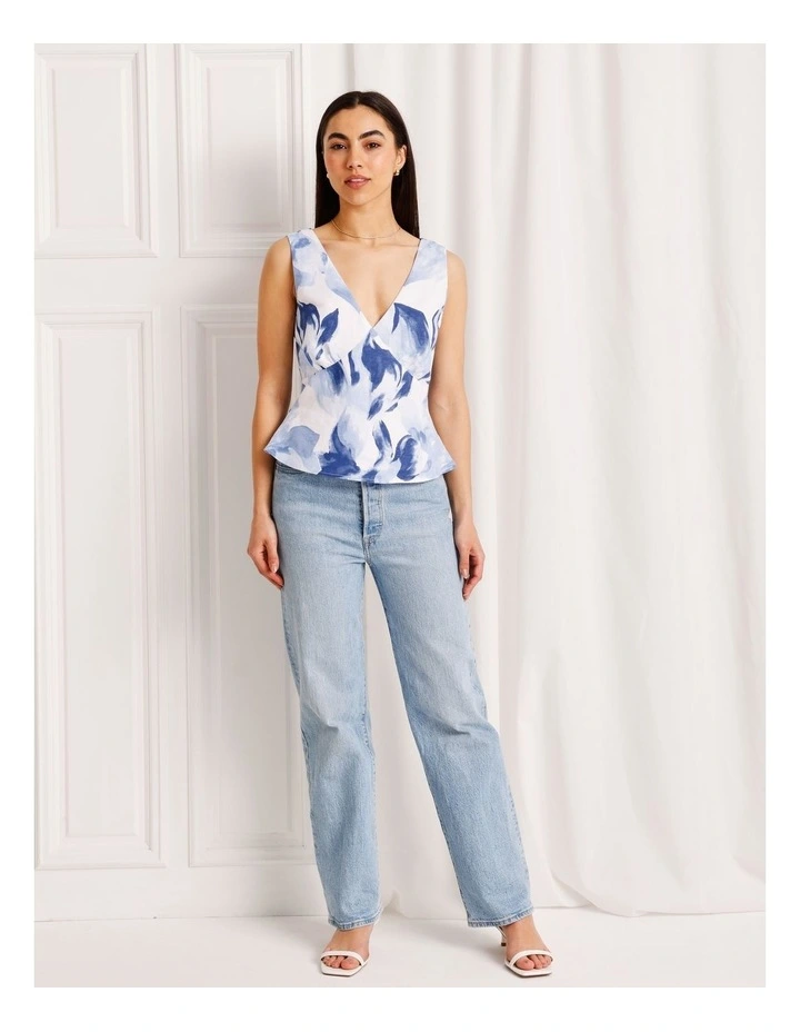 Linen Blend Tie Back Top in Blue image 2