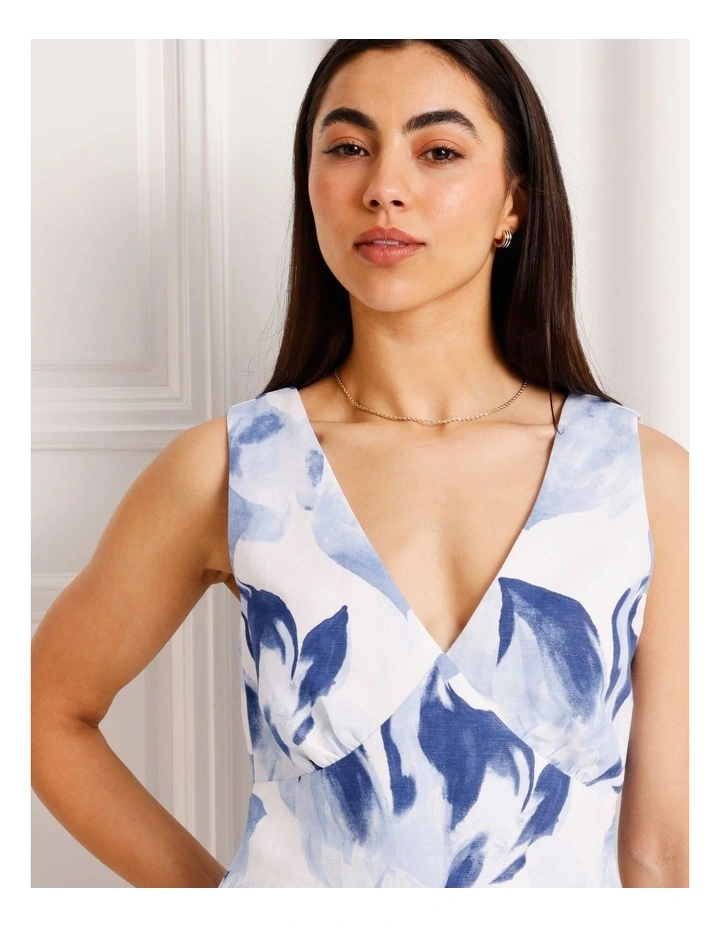 Linen Blend Tie Back Top in Blue image 3