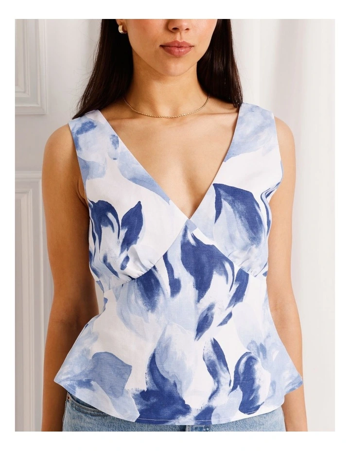 Linen Blend Tie Back Top in Blue image 4