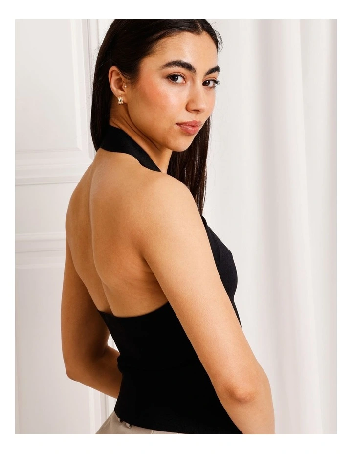 Halter Neck Knit Top in Black image 2