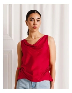 Satin Cowl Neck Tank in Ruby