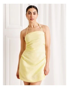 Linen Blend Halter Neck Mini Dress in Light Yellow