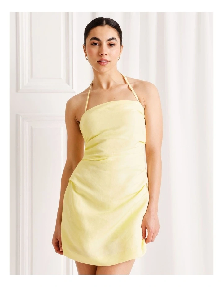 Linen Blend Halter Neck Mini Dress in Light Yellow image 1