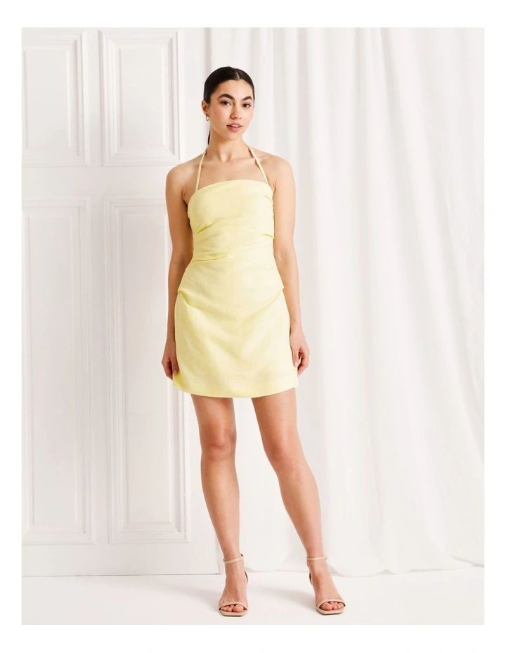 Linen Blend Halter Neck Mini Dress in Light Yellow image 2