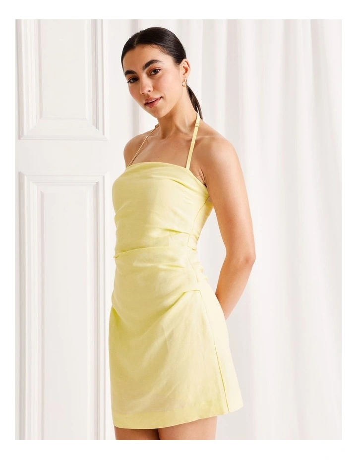 Linen Blend Halter Neck Mini Dress in Light Yellow image 3