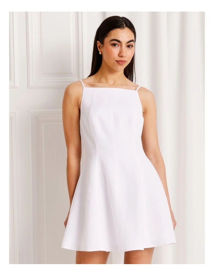 Linen Blend Tie Back Mini Dress in White image 2