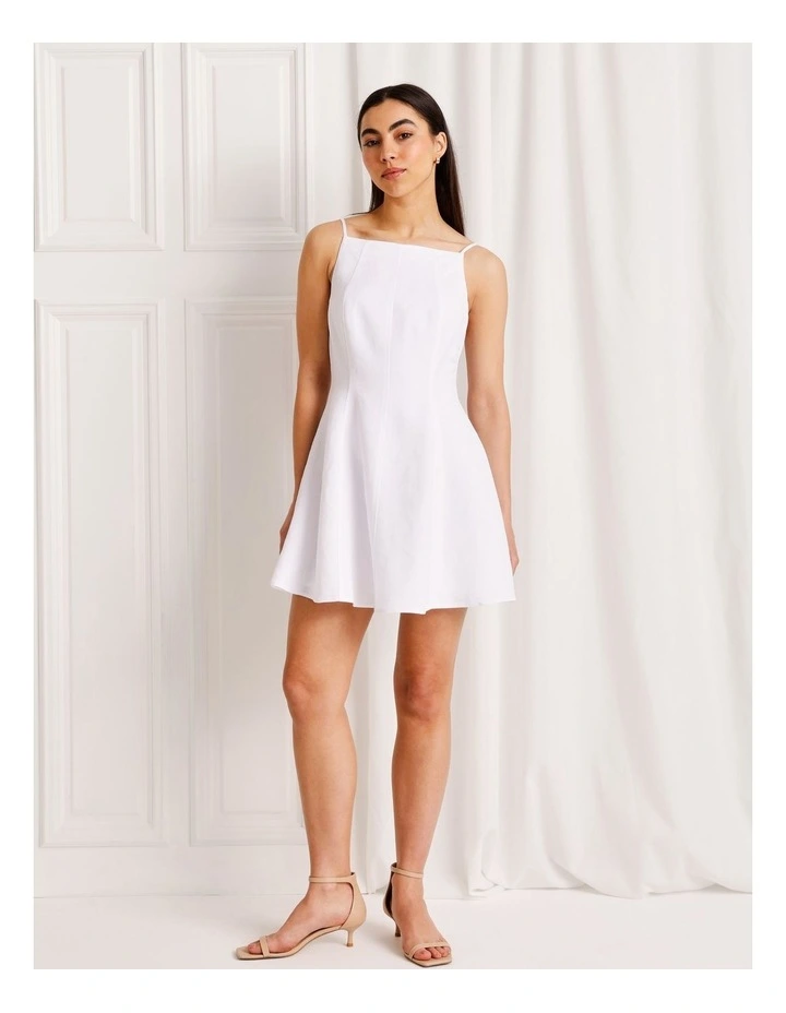 Linen Blend Tie Back Mini Dress in White image 3