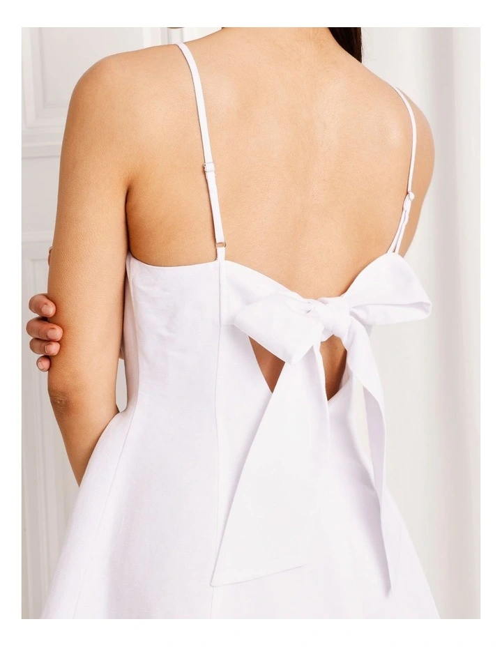 Linen Blend Tie Back Mini Dress in White image 4