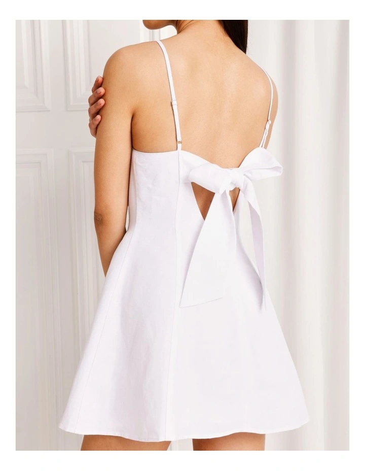 Linen Blend Tie Back Mini Dress in White image 5
