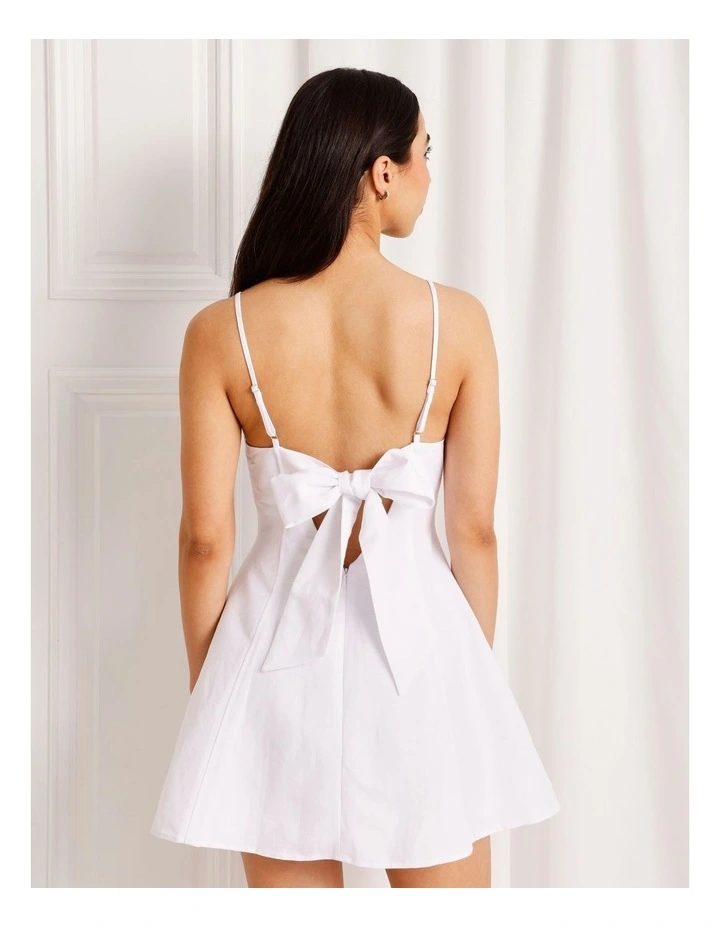 Linen Blend Tie Back Mini Dress in White image 6