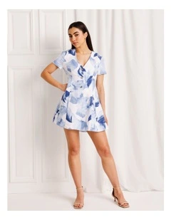 Linen Blend Short Sleeve Mini Dress in Blue