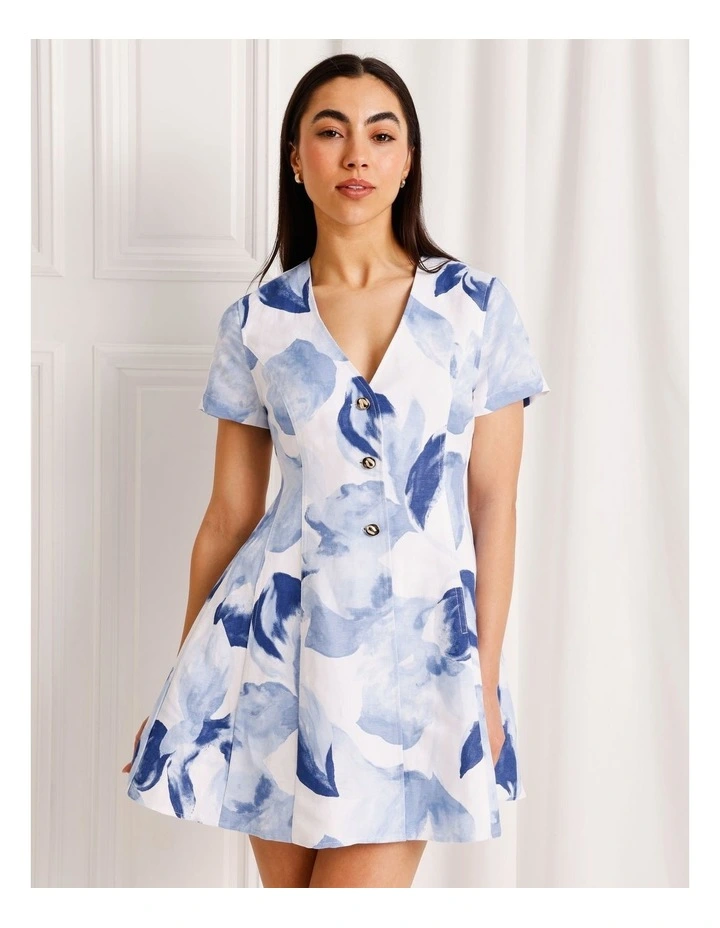 Linen Blend Short Sleeve Mini Dress in Blue image 2