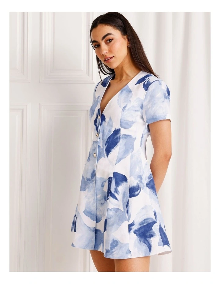 Linen Blend Short Sleeve Mini Dress in Blue image 3