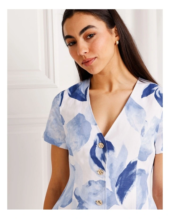 Linen Blend Short Sleeve Mini Dress in Blue image 4