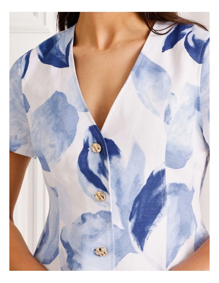 Linen Blend Short Sleeve Mini Dress in Blue image 5