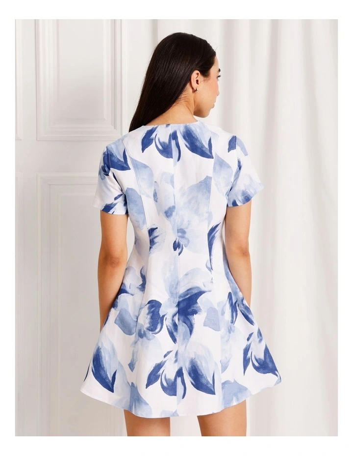 Linen Blend Short Sleeve Mini Dress in Blue image 6
