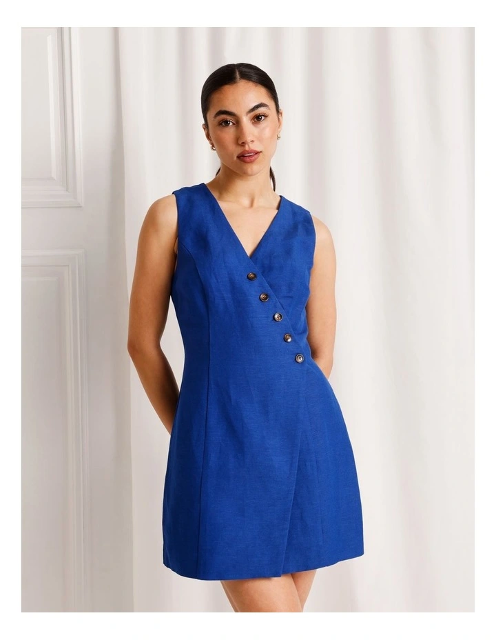 Linen Blend Asymmetrical Mini Dress in Cobalt image 3