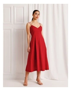 Cotton Strappy Midi Dress in Ruby