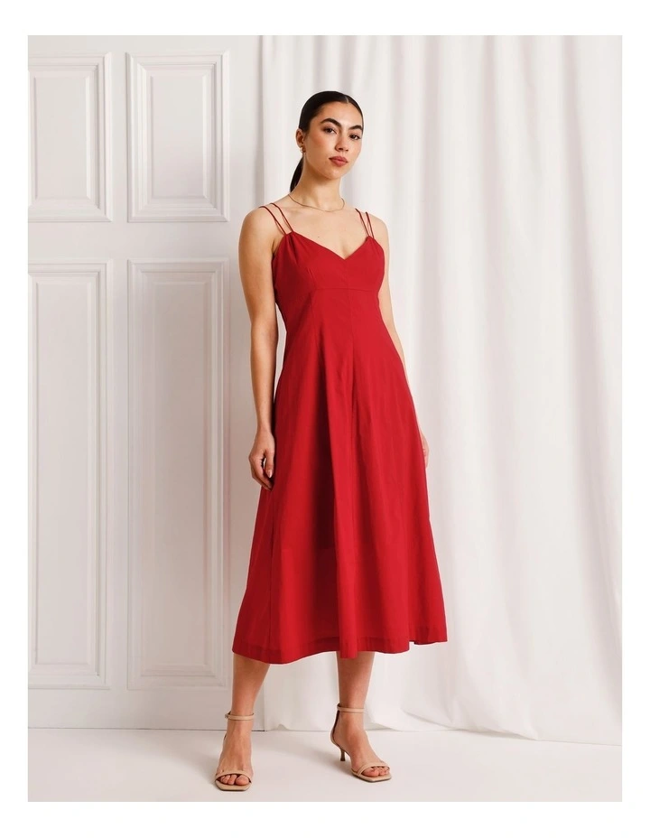Cotton Strappy Midi Dress in Ruby image 1