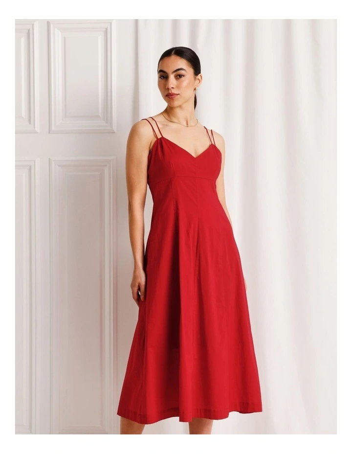 Cotton Strappy Midi Dress in Ruby image 2