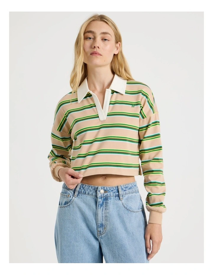 Long Sleeve Cropped Polo in Green Stripe image 2