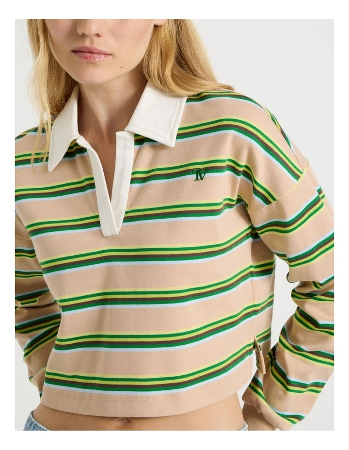 Long Sleeve Cropped Polo in Green Stripe image 3