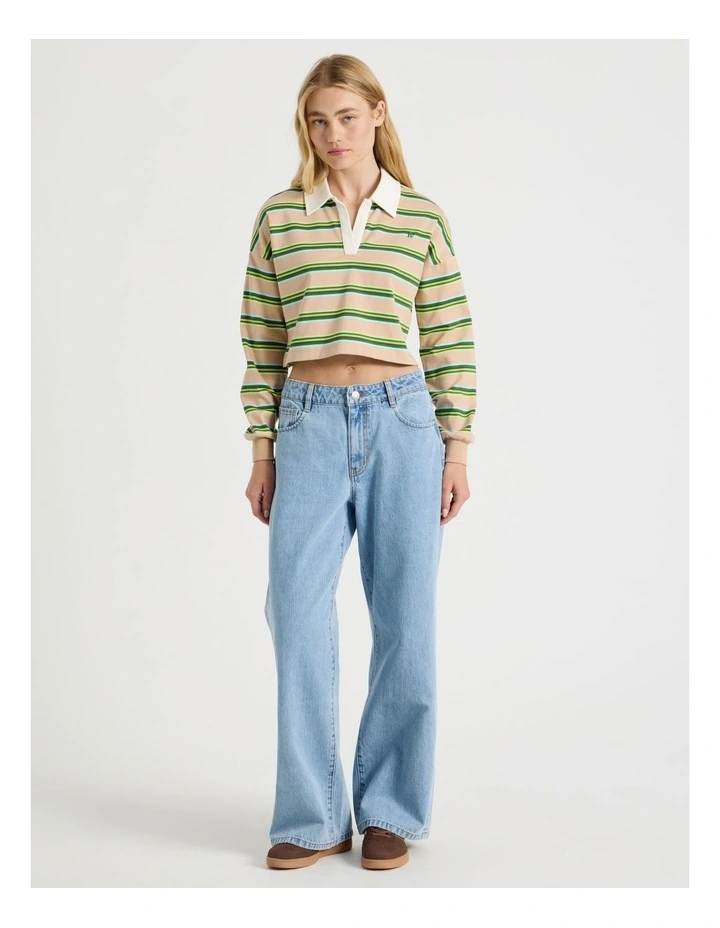 Long Sleeve Cropped Polo in Green Stripe image 4