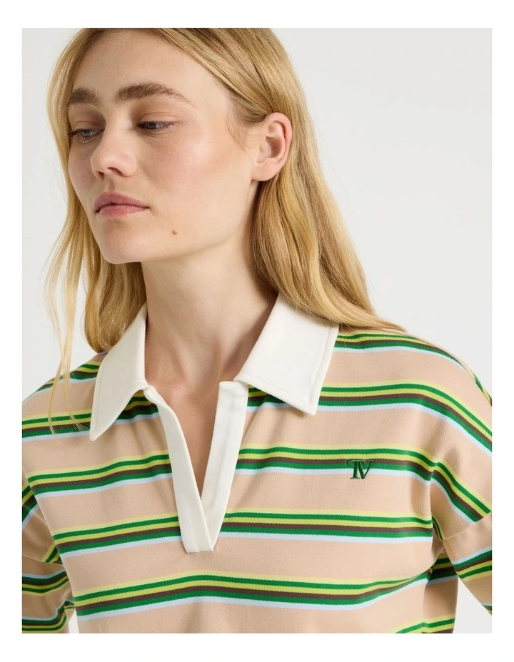 Long Sleeve Cropped Polo in Green Stripe image 5