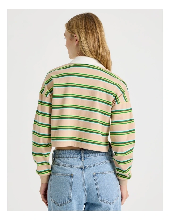 Long Sleeve Cropped Polo in Green Stripe image 6