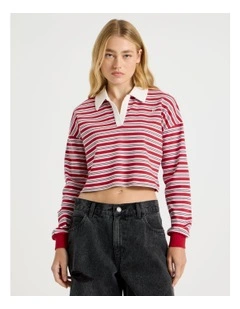 Long Sleeve Cropped Polo in Red Stripe