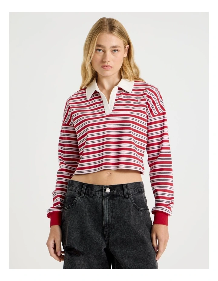 Long Sleeve Cropped Polo in Red Stripe image 1