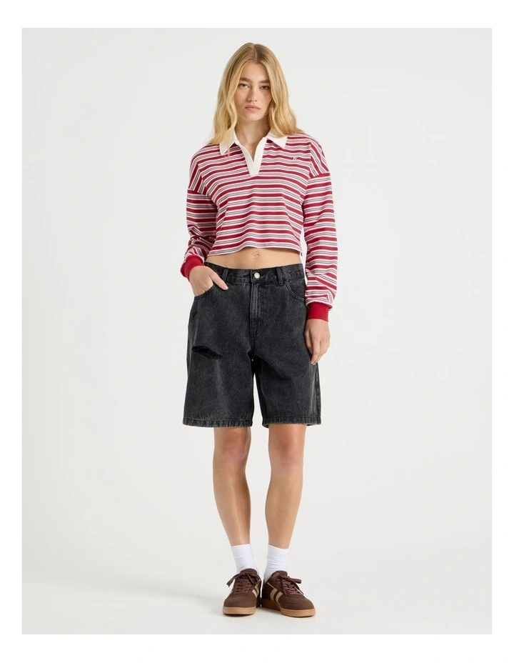 Long Sleeve Cropped Polo in Red Stripe image 2