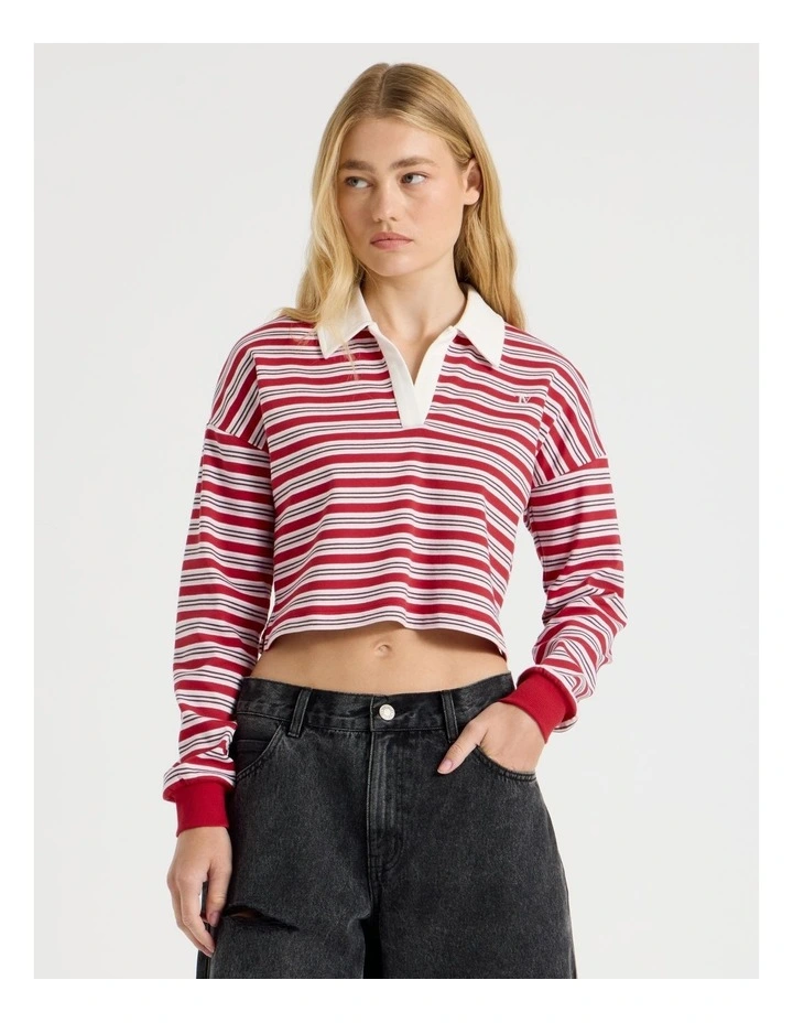 Long Sleeve Cropped Polo in Red Stripe image 3
