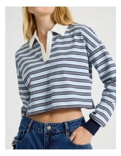 Long Sleeve Cropped Polo in Blue Stripe