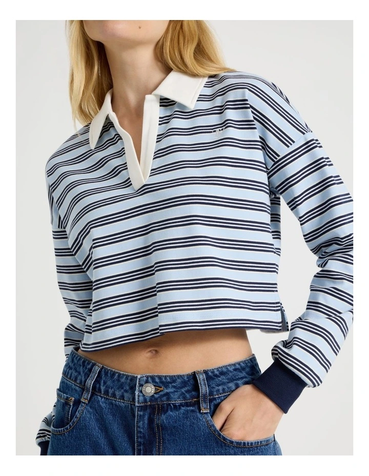 Long Sleeve Cropped Polo in Blue Stripe image 1