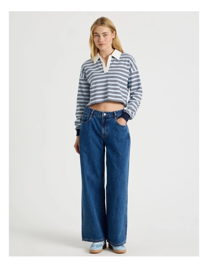 Long Sleeve Cropped Polo in Blue Stripe image 2