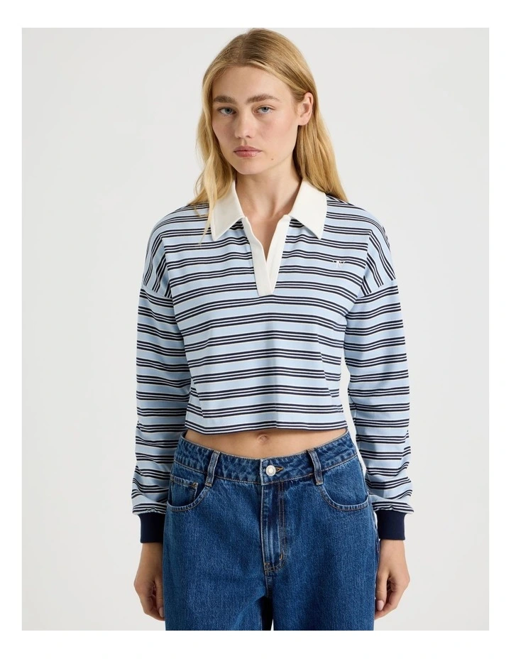 Long Sleeve Cropped Polo in Blue Stripe image 3
