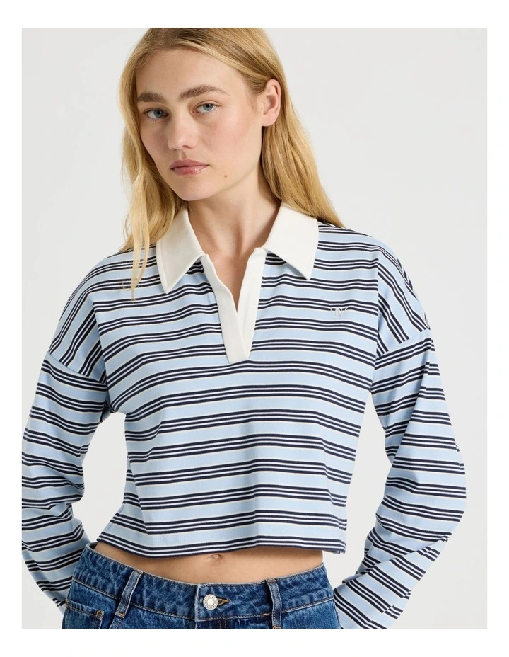 Long Sleeve Cropped Polo in Blue Stripe image 4