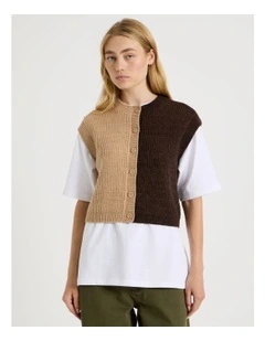 Button Front Knit Vest in Sand & Brown