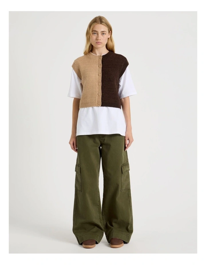 Button Front Knit Vest in Sand & Brown image 2
