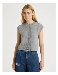 Button Front Knit Vest in Grey Marle