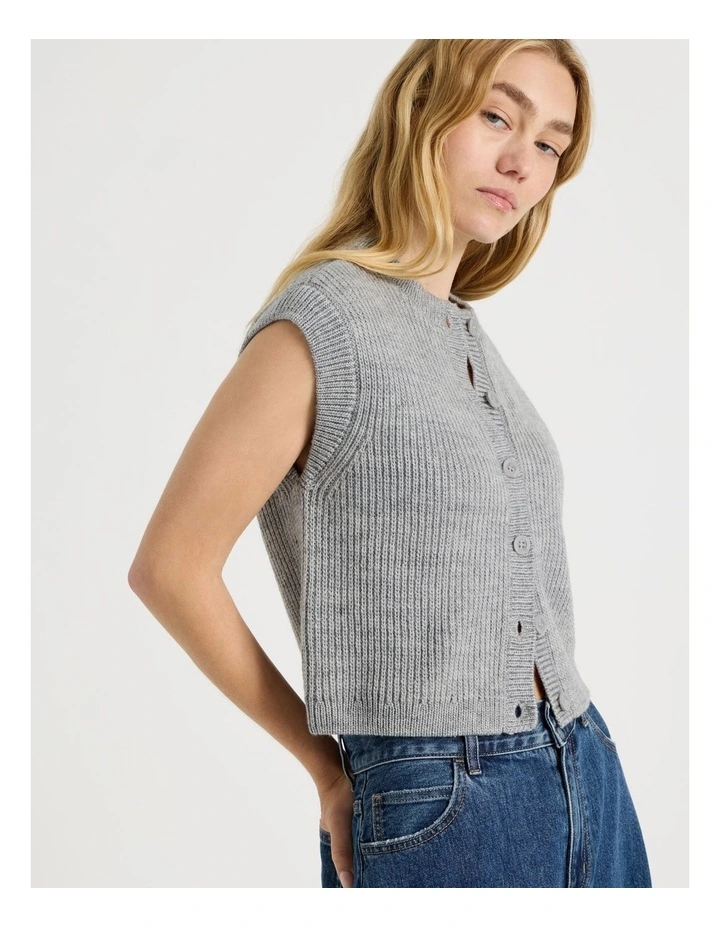 Button Front Knit Vest in Grey Marle image 5