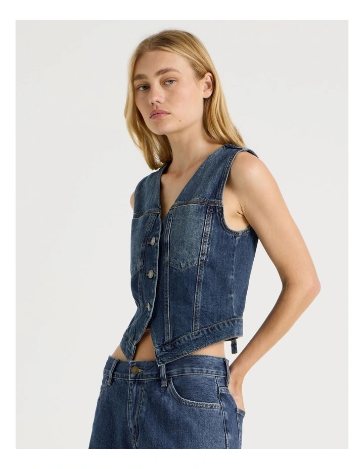 Sleeveless Trucker Denim Gilet in Mid Blues image 1