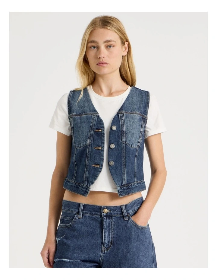 Sleeveless Trucker Denim Gilet in Mid Blues image 3