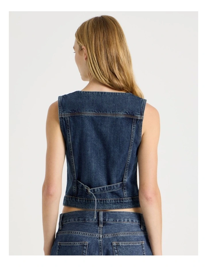 Sleeveless Trucker Denim Gilet in Mid Blues image 6