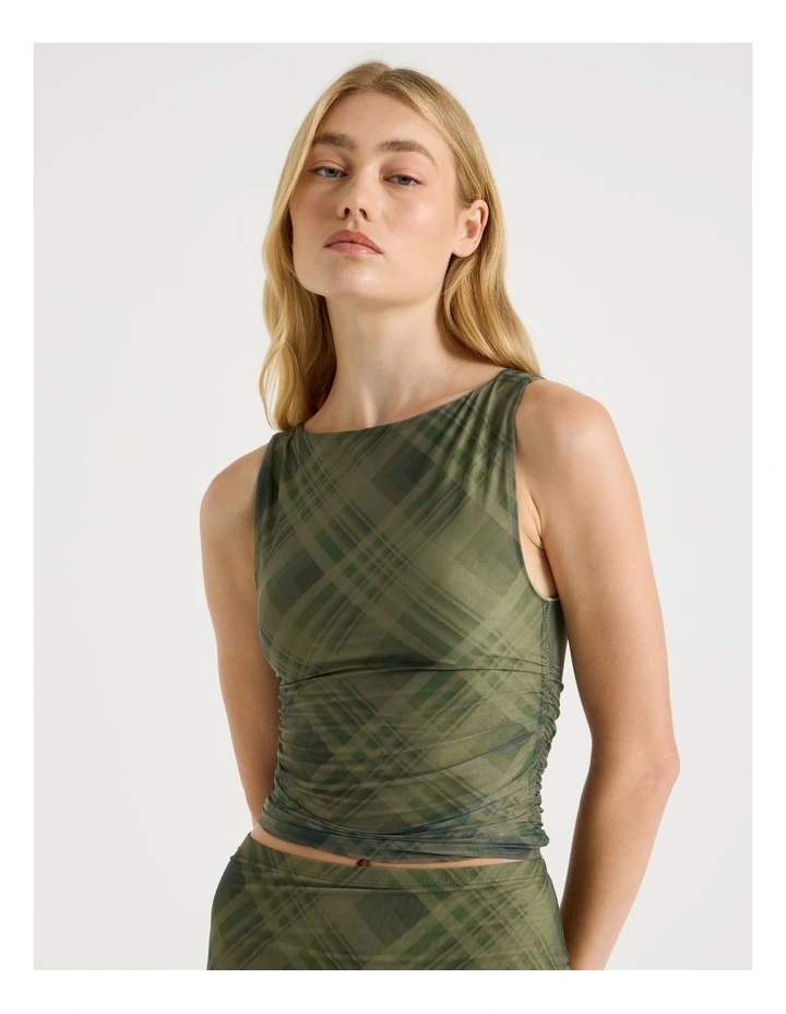 Mesh Ruched Tank in Khaki Check image 1
