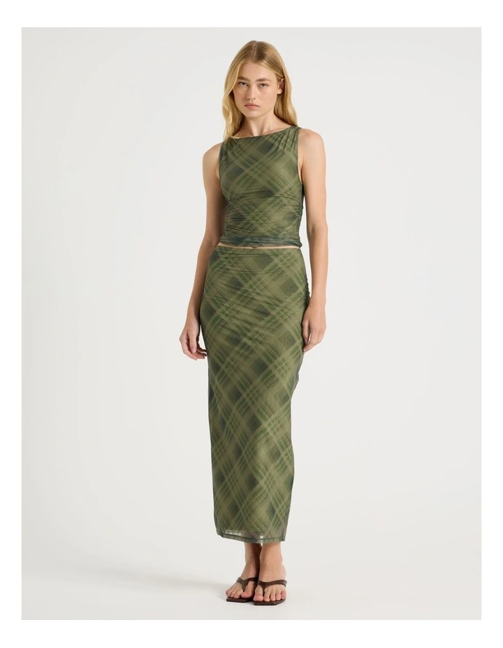 Mesh Ruched Tank in Khaki Check image 2