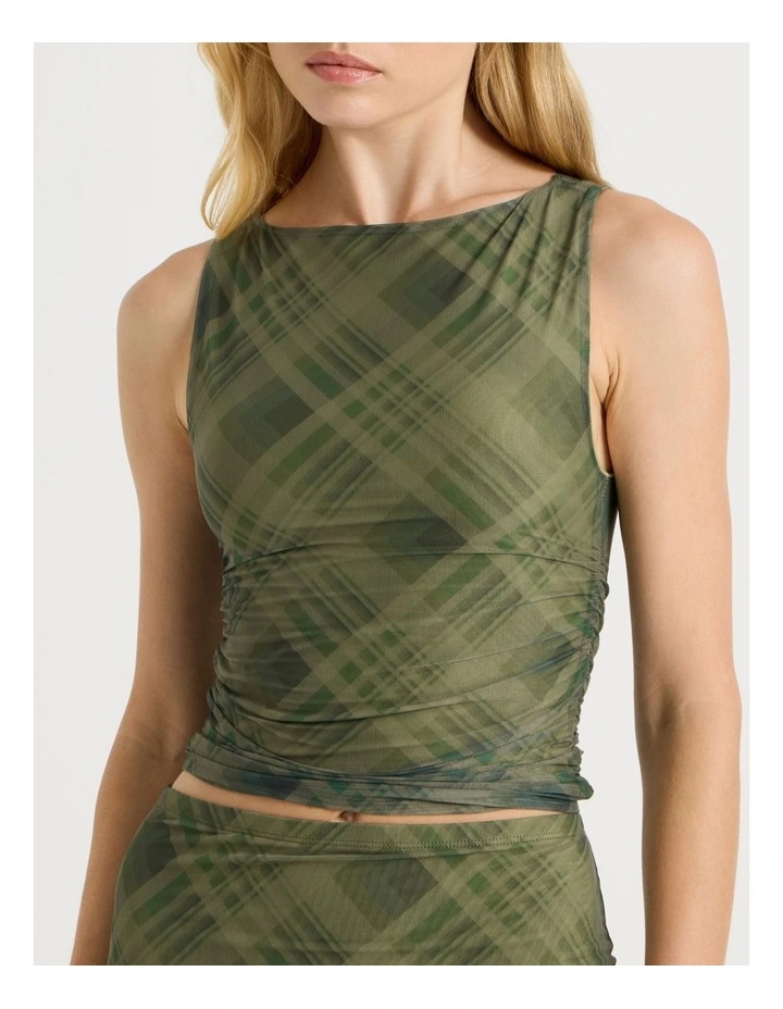 Mesh Ruched Tank in Khaki Check image 3