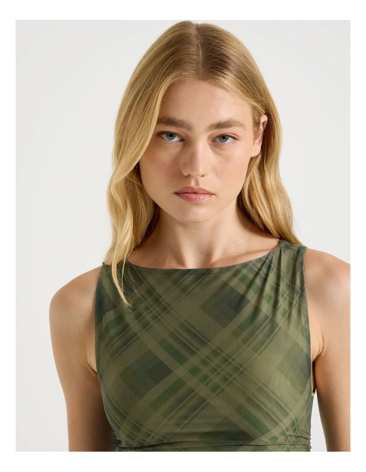 Mesh Ruched Tank in Khaki Check image 5